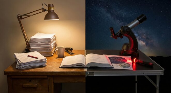 Contrasting Views of Study and Astronomy Work at Desk and Outdoors