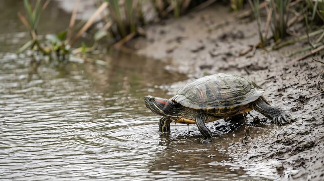 A turtle walks slowly on the muddy riverbank next to calm water.