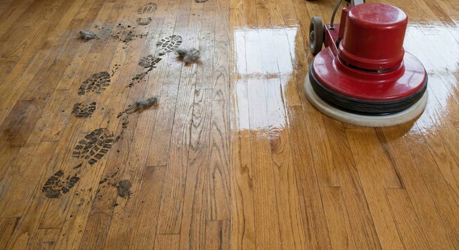 Hardwood floor cleaning and polishing with rotary machine to remove dirt.