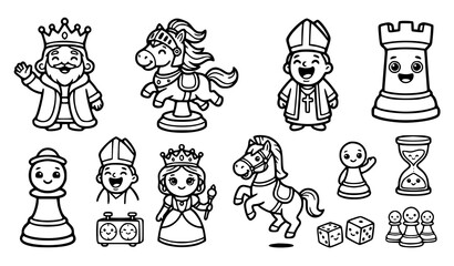 Fototapeta premium Chess Piece Cartoon Character Collection Featuring King Queen Knight Bishop Rook Pawn and Game Elements