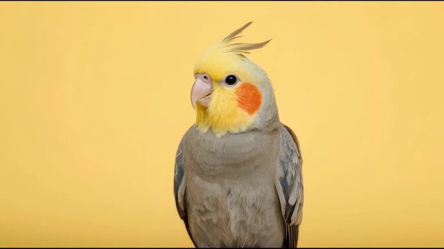 Yellow cockatiel portrait with orange cheek crest perched soft yellow background, curious parrot