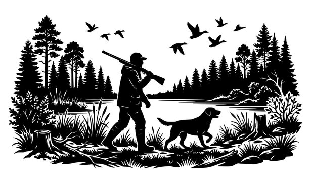 Hunter with Dog Forest Wildlife Adventure Silhouette Scene Featuring Nature Birds and Outdoor Landscape Illustration