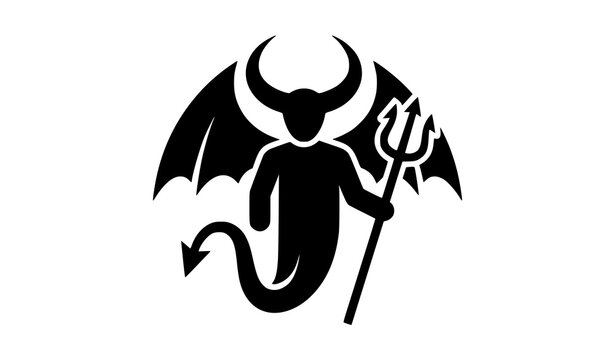 Cute Devil Mascot Silhouette Character Holding Trident with Wings for Halloween Logo and Sticker Design
