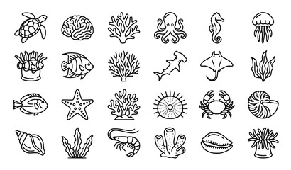 Coral Reef and Ocean Wildlife Outline Icon Set Vector Collection © Salamun