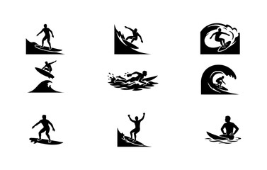 Obraz premium Set of nine surfer silhouettes riding ocean waves in various action poses with surfboard black and white vector illustration for extreme water sports design.