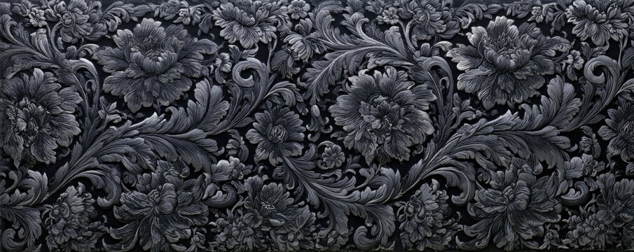 Intricate Dark Floral Engraving Pattern Background.