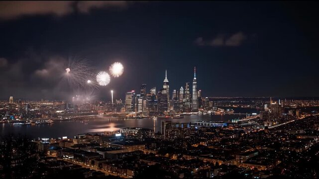 Night skyline fireworks over river and city skyscraper skyline with glowing waterfront reflections