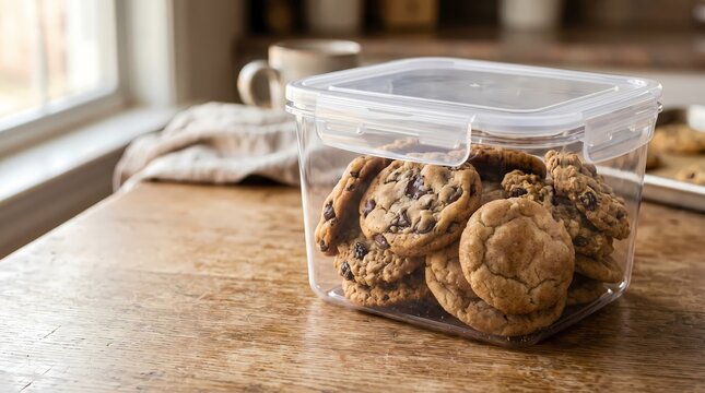 Delicious chocolate chip cookies in a clear plastic container on a wooden table by the window.