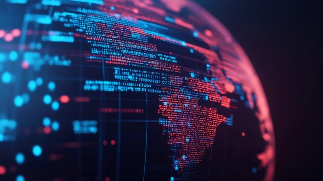 Input An image showing a digital, glowing globe made of datacode fragments. Composition details Curved surface, close-up, depth of field (bokeh), data linesgrids. Image details Neon