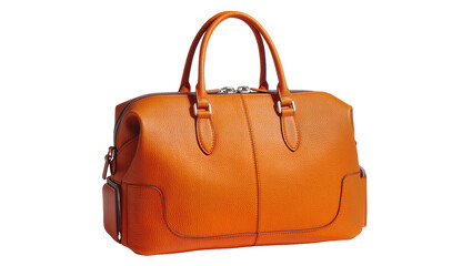 Isolated luxurious vibrant orange leather duffel bag with sturdy top handles and elegant silver zippers.
