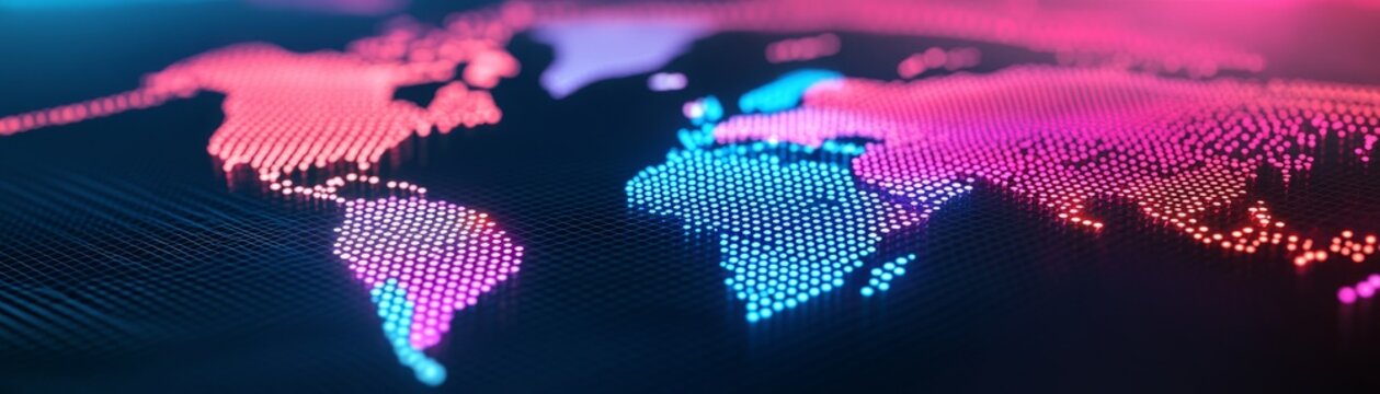 Input image A digital, glowing, 3D dot-matrixvoxel representation of a world map. Colors are neon pink, blue and cyan against a dark background. The depth of field is shallow (bokeh