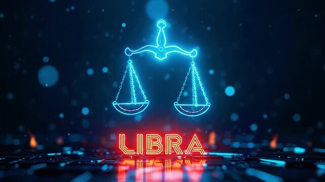 Neon libra zodiac sign with scales symbol. Futuristic astrology and horoscope concept. Digital cosmic sign for personal prediction.