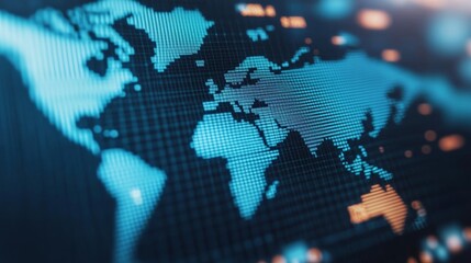 Obraz premium Input Image A glowing, digital, blue-toned world map on a gridscreen. It features a shallow depth of field (bokeh effect) with some orange light points. It looks high-tech, data-driven