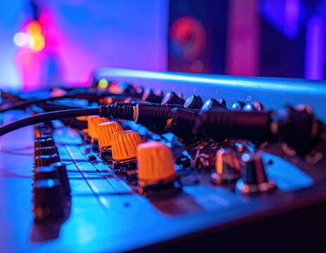 Close-up of a soundboard with knobs and cables, lit by cool blue and warm orange hues