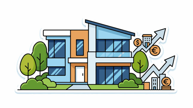 A modern two-story house with trees and bushes surrounded by rising arrows and currency symbols