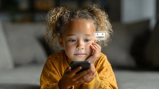 A little girl uses voice commands on her phone to interact with an ai digital assistant for