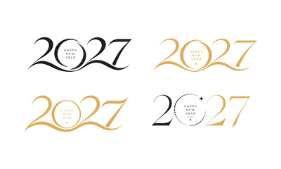 Naklejka premium Set of 2027 happy new year logo designs, elegant typography with golden and black elements