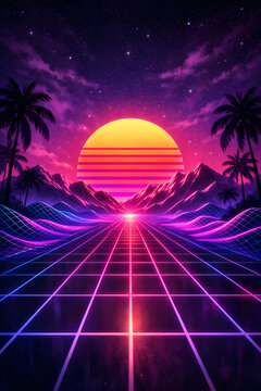 Retro synthwave digital landscape with neon pink sun mountains and glowing grid road