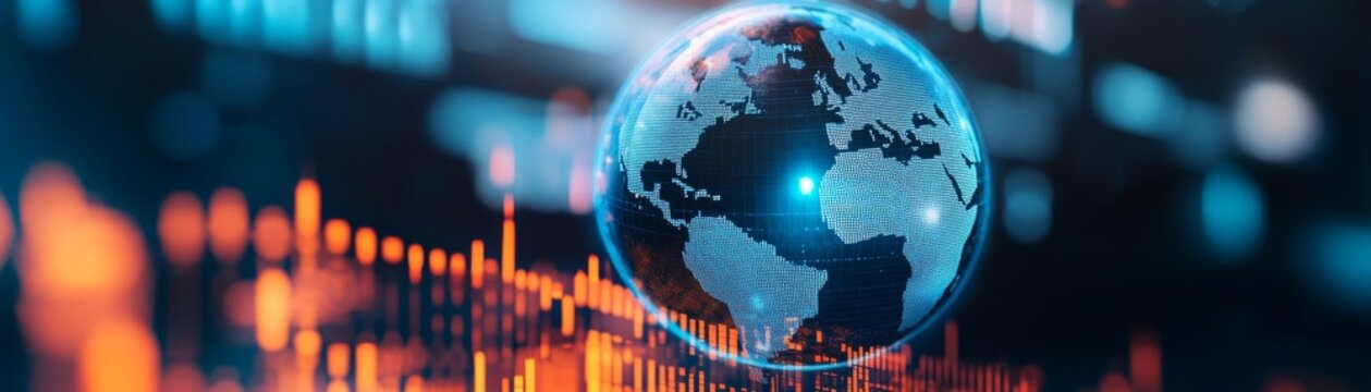 Subject A digitalholographic globe (egg-shapedellipsoid). Details The globe is made of glowing dotspixelsdata points representing continents. Background Bokeh effect, glowing