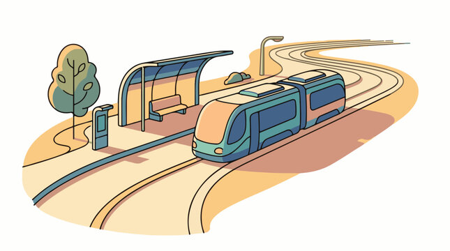 Train on curved railway tracks near station.