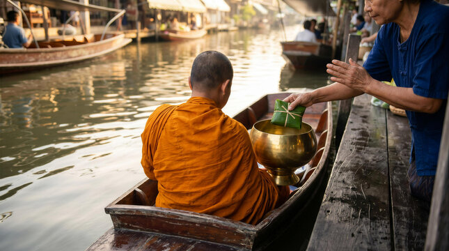 Thai Buddhist monk in wooden boat receiving morning alms from elderly woman at floating market