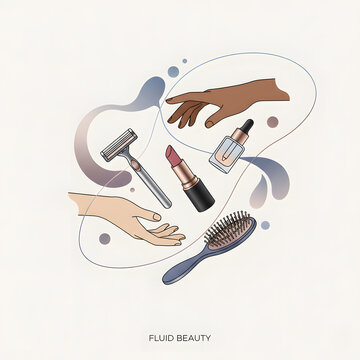 Minimalist beauty and self care concept illustration with hands, safety razor, lipstick, hairbrush, and serum dropper bottle surrounded by abstract fluid shapes. Modern line art design.
