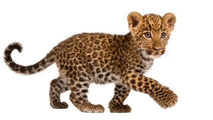 Isolated cute baby leopard cub walking, showing its distinctive spotted coat, beautiful wild cat © Conor