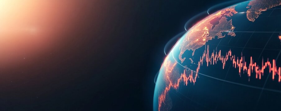 Subject A glowing, digital Earth (specifically focusing on North AmericaAtlantic side) with glowing city lights and a superimposed financial stock market graphline chart. Composition