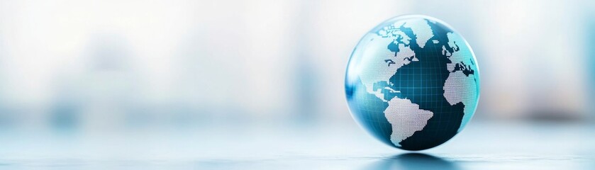 Naklejka premium Subject A stylized, glowing, bluecyan digital globe (ellipticaloblong shape). Details of the globe Map of the world (continents) visible in whitelight blue; textureddigital grid