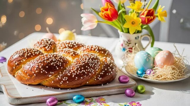 Braided easter bread topped with sprinkles on wooden board. Colorful eggs nest and tulips in vase nearby. Festive spring holiday table for traditional celebration