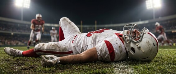 Fototapeta premium Injured American football player lying on field after hard game collision. Concept of sports injury, player safety, football collision, medical response and game risk. Banner