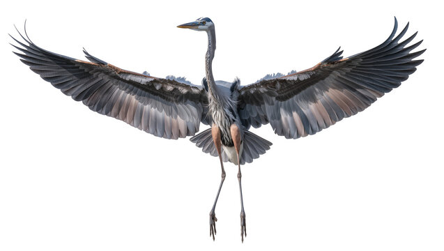 Isolated majestic great blue heron showcasing its vast wingspan, an elegant avian display