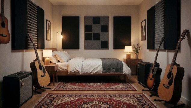 Bedroom large bed center has white comforter pillows either side there nightstands lamps plant left guitar amp