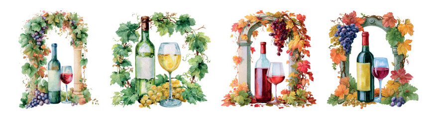 Obraz premium Watercolor vineyard arches and borders featuring red and white wine bottles with glasses and fresh grapes, illustrating winemaking traditions and the bounty of the harvest season