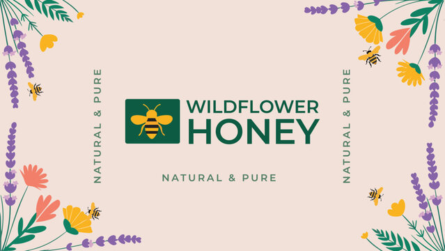 Wildflower honey product label design with bees, floral background