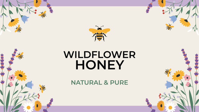 Wildflower honey product label design, floral background
