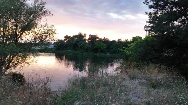 A peaceful river landscape at twilight, with a pink sunset sky reflecting upon the calm water, surrounded by green trees and dry grass. Beautifully captured in stunning 4K 24fps with Motion Blur.