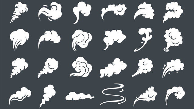 Stylized smoke cloud silhouettes with cartoon vapor dust and toxic smell vector elements