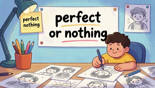 Young boy sitting desk big smile face holding blue pen appears drawing sketching piece paper there several oth