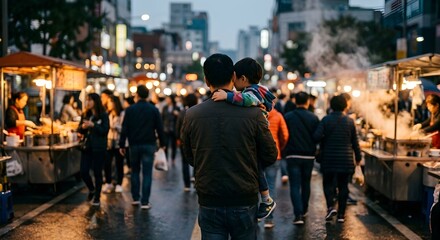 Obraz premium A dynamic street scene filled with people father and child walking through a busy and crowded urban city environment.