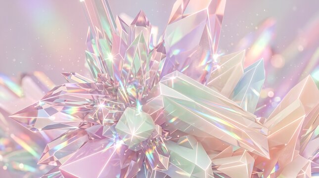 Iridescent crystals, holographic gemstones, pastel pink purple, shiny faceted minerals, sparkling luxury background