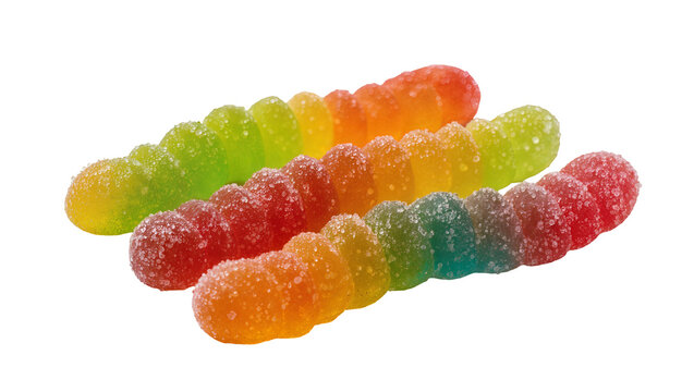 Isolated vibrant sugar-coated gummy candy worms in a row, delicious sweet colorful jelly snack