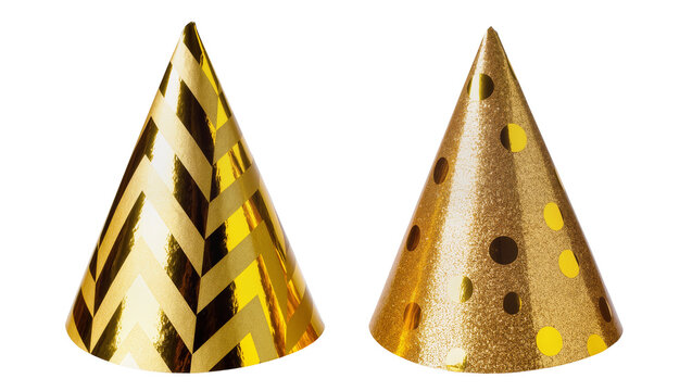 Isolated golden party hats with geometric patterns and glittery polka dots for celebration