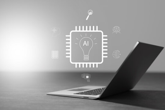 Conceptual representation of artificial intelligence and cognitive technology with digital brain and learning icons.