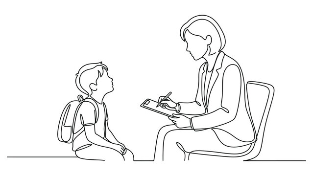 Continuous line drawing of a school counselor talking to a student