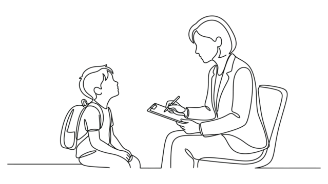 Continuous line drawing of a school counselor talking to a student