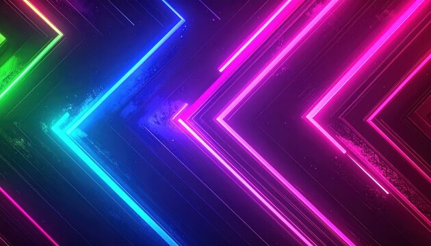 Abstract glowing neon arrows and lines on a dark background, vibrant colors, futuristic design