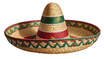 Isolated traditional Mexican sombrero crafted from straw with vibrant red and green braided design © Conor