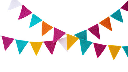 Fototapeta premium Isolated festive colorful felt party pennant flags garland hanging, fun decoration