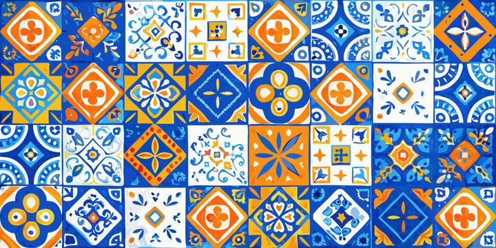 Geometric azulejo tile pattern with floral and arabesque motifs